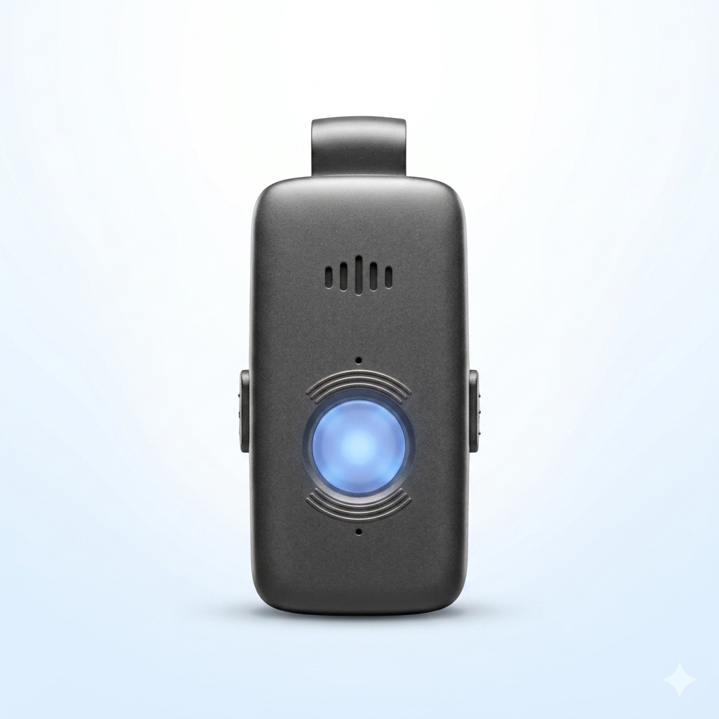 Front view of the Care Alert wearable medical alert pendant with its glowing blue emergency help button, shown on a light background.