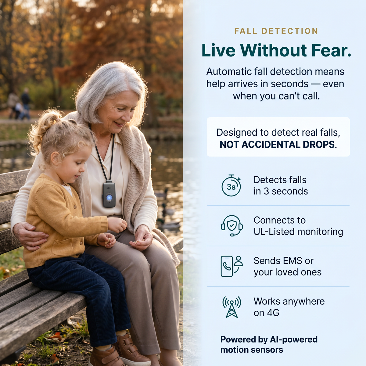 Smiling older woman with white hair wearing the Care Alert pendant on a lanyard, sitting on a park bench in autumn with her young grandchild. Text highlights automatic fall detection that connects to UL-Listed monitoring in 3 seconds and works anywhere on 4G.