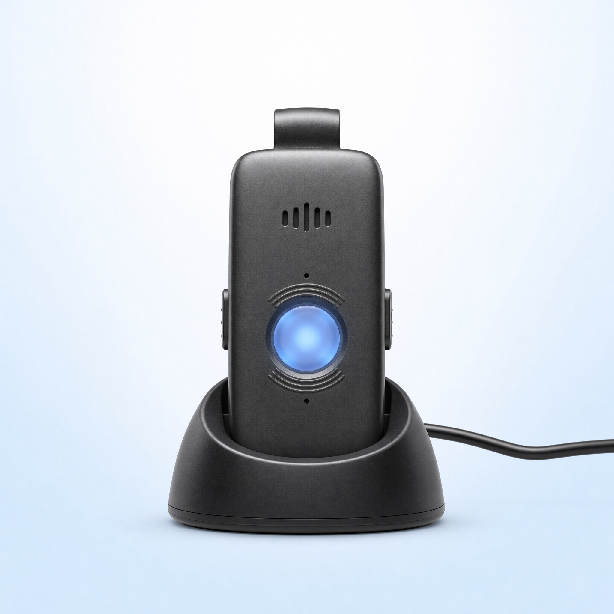 Care Alert medical alert pendant resting upright in its black charging dock, blue help button illuminated, on a light blue background.