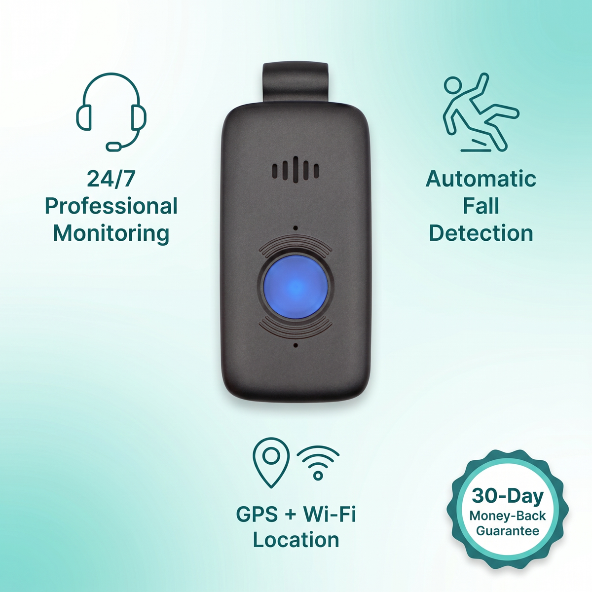 Care Alert medical alert pendant — 24/7 monitoring, automatic fall detection, GPS and Wi-Fi location