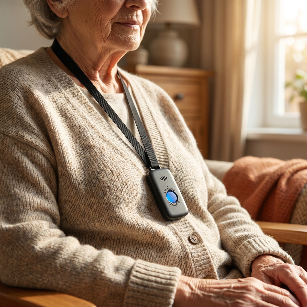 Senior wearing the Care Alert pendant on a lanyard at home
