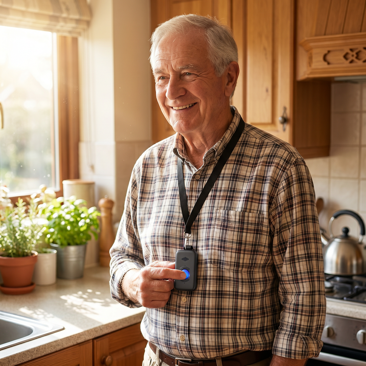 Senior man pressing the Care Alert help button at home