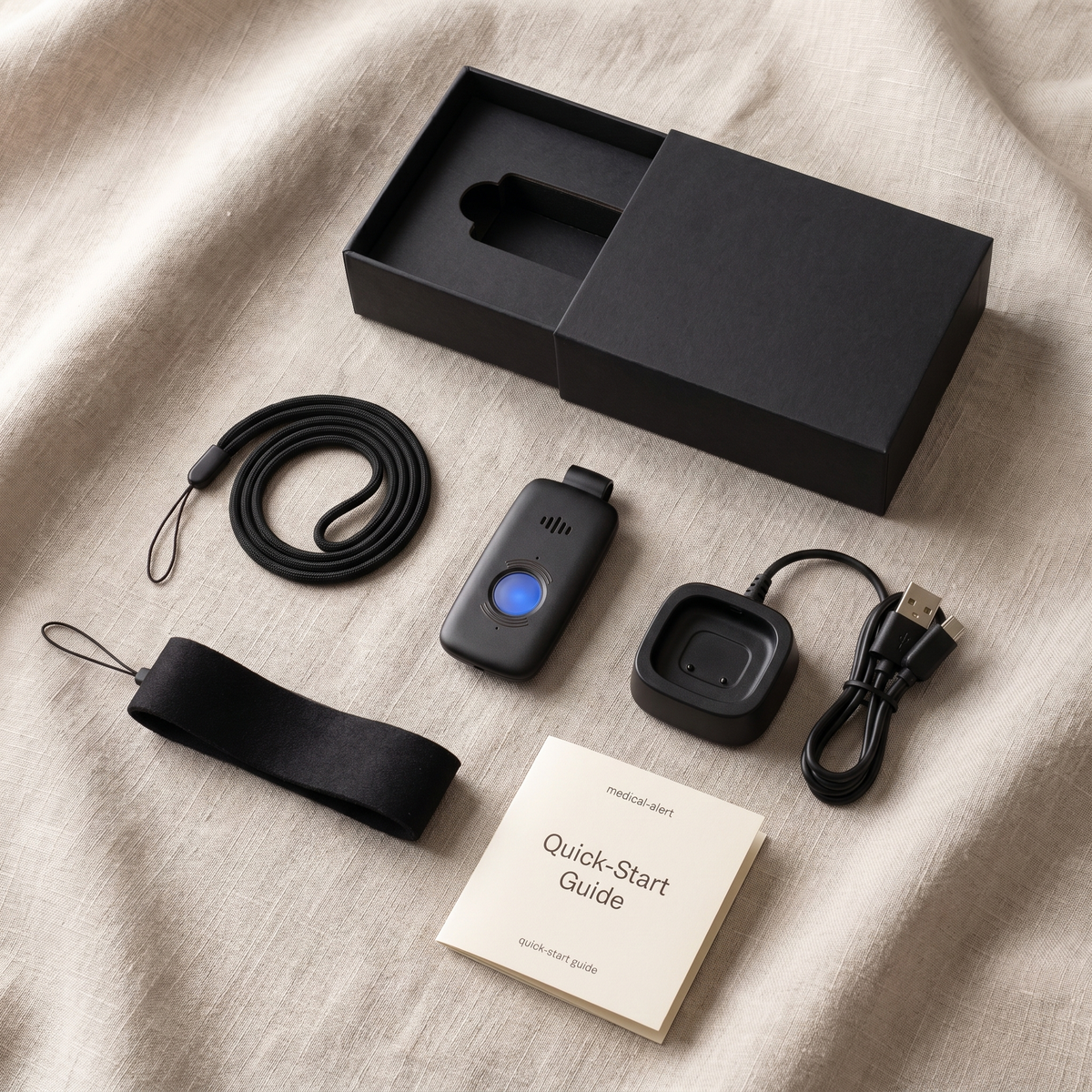 What's included with Care Alert — pendant, lanyard, wrist strap, charging cradle, quick-start guide